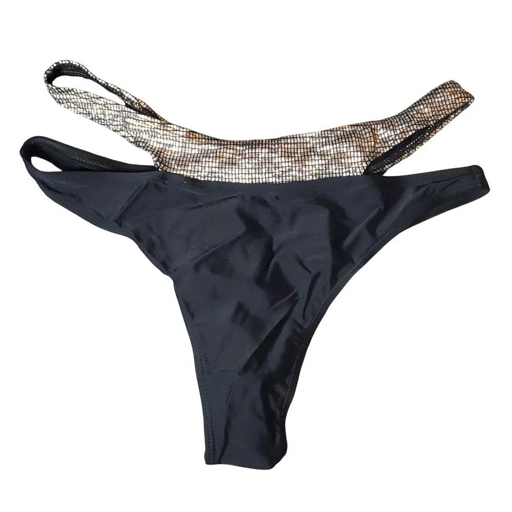 SHEIN Bikini Set Women Large Black Silver Metallic Layered‎ High Cut L